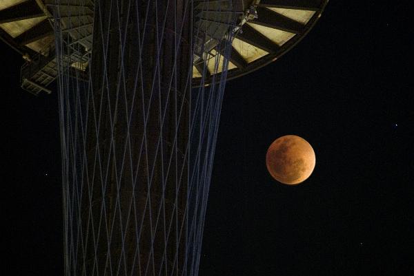Beautiful copper colored full moon in a night sky during an eclipse pictured against the sydney tower