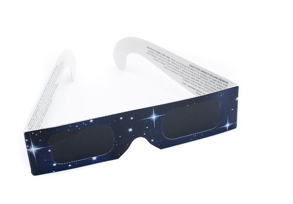 Eclipse viewing glasses with very dark lenses incorporating a special filter to protect the human eye from the intense light of the sun when viewing an eclipse, isolated on white