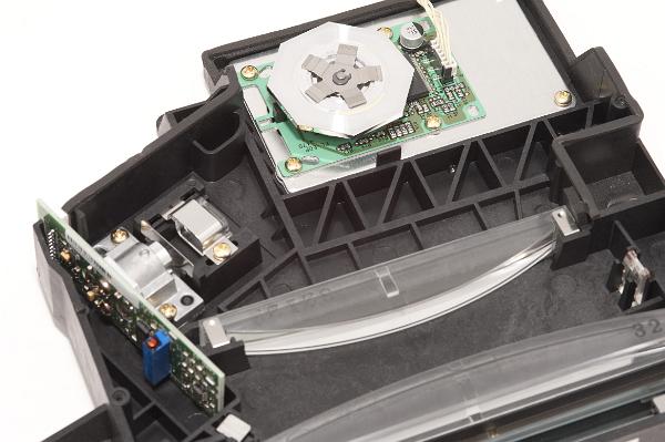 laser printer assembly Layout of the interior of a laser printer, the semiconductor laser seen at the right is reflected from the spinning otagonal mirror at the top through a series of lenses in the lower centre to form a printed page