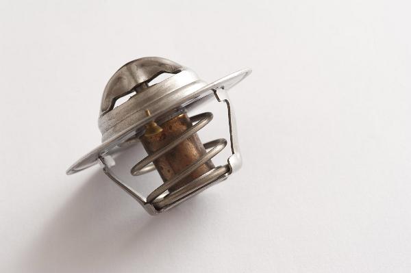 Bimetal or bimetallic thermostat Bimetal thermostat detail composed of two different metals bolted together to form a bimetallic strip which bend to open the valve against the spring at a controlled temperature
