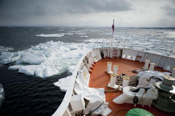 Ice breaker vessel breaking up drifting sea ice at abashiri, hokkaido, japan, icebreakers like this one are used to break ice in the smaller pieces and prevent it from becoming a hazard to shipping